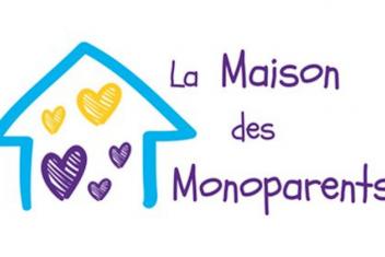 Logo de la maison des monoparents. Une maison dessinée au trait bleu, remplie de 5 coeurs jaunes et mauves.