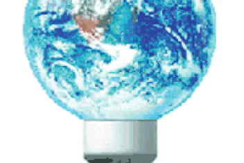 Le globe terrestre est mis en forme comme une ampoule ; on devine le continent africain sous les nuages et on voit les océans atlantique et indien