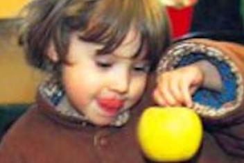 Enfant très jeune tenant une pomme jaune par la queue de la main gauche et tire la langue en même temps qu'elle l'a regarde